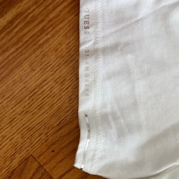 Guess White V-Neck Embossed Logo Short Sleeve Tee - Picture 6 of 6